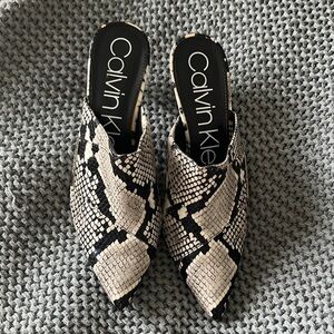 Calvin Klein Snake Print Mules in Black and White